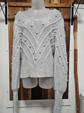 White House Black Market Light Gray Off-the-Shoulder Pom-Pom Sweater